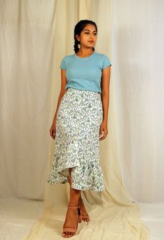 "White linen maxi skirt, High low skirt for women, Linen skirt, Long skirt, Custom made, Made to order, Plus size -Model height: 5'3\" wearing size S -Length: 32\" -Fit: A-line -Closure: Front buttons Wear this linen skirt with a top of any size, any color, any sleeve length or no sleeves, this is an all rounder! On top of that the embroidery adds the perfect amount of bling to the linen skirt. This linen skirt shows true soul of Hastha Katha.. Comfort clothing with the touch of folk India!" Bohemian Asymmetrical Maxi Skirt With Fitted Style, Bohemian Asymmetrical Fitted Maxi Skirt, Bohemian Fitted Asymmetrical Maxi Skirt, Flowy Flared Cotton Maxi Skirt, Cotton Flared Maxi Skirt, Long Fitted Wrap Skirt With Lined Detail, Flowy Asymmetrical Gathered Maxi Skirt, Fitted Ruffled Asymmetrical Maxi Skirt, Fitted Green Ruffled Maxi Skirt