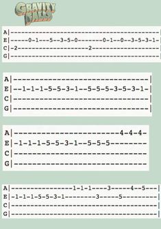 the guitar tabs are labeled in green and white, with numbers on each side