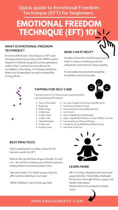 What is Emotional Freedom Technique (EFT) Tapping & How Can It Help You Feel Better Now? | Emily Daugherty | Emotional Freedom Technique (or EFT) is an alternative treatment similar to acupuncture that helps with anxiety, PTSD (post-traumatic stress disorder), insomnia, and more.    EFT is based on the Traditional Chinese Medicine (TCM) meridian system used in acupuncture and acupressure treatments.   In EFT tapping, practitioners use their fingers to lightly tap on the body’s qi points.  These points are mainly located on the head and face.  One taps on a sequence of 9 points, while focusing on healing a specific area of the body.    EFT Tapping helps stimulate the body’s energy centers and promotes self-healing from within.  Practice anytime, anywhere.   Click the link to learn more Meridian System, Higher Order Thinking Skills, Emotional Freedom Technique (eft), Quick Start Guide, Feeling Disconnected