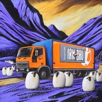 an orange and blue truck driving down a road next to white penguins in front of purple mountains