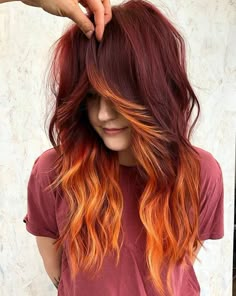 Red Hair With Different Color Bangs, Auburn And Burgundy Hair, 2023 Fashion Trends Hair, Red And Purple Pixie Hair, Copper Fall Hair Color, Color Bangstyle Hair, Fire Hair Color Ideas, Older Punk Women, Natural Red Hair With Black Highlights