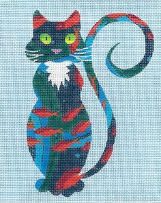 a cross - stitch picture of a cat with green eyes and tail, sitting in front of a white background