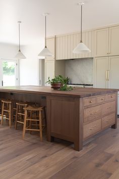 a large kitchen island with stools next to it