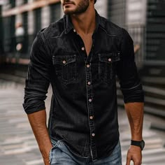 Men Collared Shirt Outfit, Mens Blue Collar Fashion, Black Denim Shirt Men Outfits, Men’s Long Sleeve Button Down Outfit, Mens Clothing Styles Western, Denim Shirts Men Outfit, Older Men’s Fashion, Mens Outfits With Jeans, Mens Fall Fashion Rugged