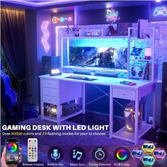 the gaming desk with led light is shown in this advertizer's advertisement