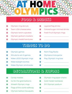 the ultimate guide to eating at home olympics info sheet for kids and adults, with instructions on how to use them