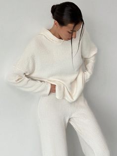 2pcs Set Fashionable Fall/Winter Casual Warm Hooded Sweatshirt And Extra Long Pants Apricot Casual    Plain  Medium Stretch  Women Clothing, size features are:Bust: ,Length: ,Sleeve Length: Solid Ribbed Knitting Casual Sweater & Pants Sets, Sheinsweat Pants, Cheap Long Sleeve Sets For Daywear, Women Sweater Co-ords, Ribbed Sweater Set, Womens Winter Loungewear, Wide Leg Pant Outfit, Knit Two Piece Set, Leg Pants Outfit