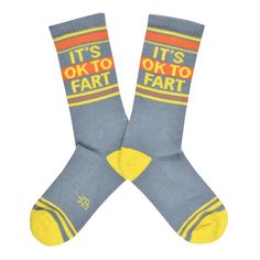 It’s OK To Fart – Unisex Crew Socks Contrary to what you may have heard, according to these great socks, It’s OK To Fart! For you or the person you love who has trouble containing their gas, these socks are perfect! These It’s OK To Fart Unisex Crew Socks are a grey ribbed gym sock with a yellow heel and toe, and the statement “It’s OK To Fart” written in yellow on the top of the sock. Wear these comfy socks and make a statement wherever you go, and let people know that hey…sometimes It’s OK To Socks Gym, Yellow Heels, Comfy Socks, Stylish Socks, Sock Game, Crew Sock, Crazy Socks, Funny Socks, Cute Fox