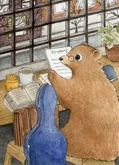 a drawing of a brown bear sitting at a table with a guitar and book in front of him