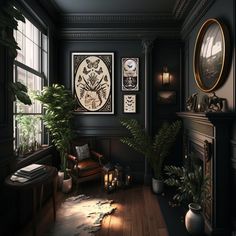 a living room filled with furniture and lots of plants in front of a fire place