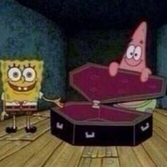 spongebob and patrick in the living room with their suitcases full of stuff