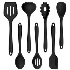 black kitchen utensils and spatulas are shown in this image, all lined up against a white background