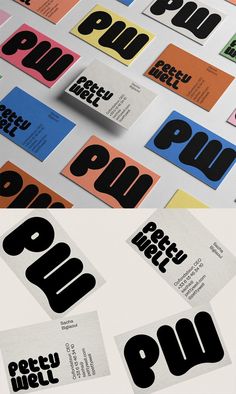 several different types of business cards on top of each other in various colors and shapes