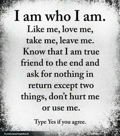 a poem that reads i am who i am like me, love me, take me leave me know that i am true friend to the end and ask for nothing in return except two things, don't