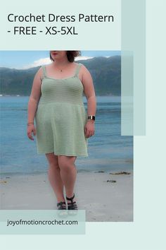 a woman is standing on the beach wearing a green dress and black sandals, with text overlay that reads crochet dress pattern - free xs - sxl