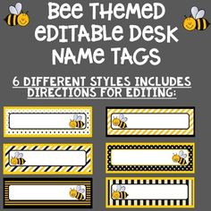 bee themed editable desk name tags with different styles and directions to print on them