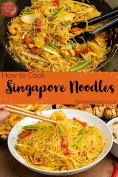 how to cook singapore noodles in one pan with chopsticks and vegetables on the side