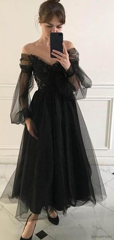 Elegant Black Off-shoulder Tulle Lace Top A-line Ankle-length Prom Dress, PD3219 #prom #promdress #promdresses #2021prom #eveningdresses #eveningdress #beauty #womenfashion #vestidosdebaile #fashionista #instafashion #pageantdress #pageantdresses #partydress #partygown #partydresses #ballgown #ballgowns #pageantdress #pageantdresses #longpromdresses #purplepromdresses #pinkpromdresses #sparklypromdresses #charmingpromdresses #pupolarpromdresses Black Tulle Prom Dress With Sleeves, Black Whimsical Dress, Black Flowy Prom Dress, Black Dress Ballgown, Witchy Prom Dress, Alternative Prom Outfit, Phantom Rogue, Punk Prom Dress, Alt Prom