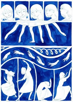 a drawing of people in blue and white, with one person reaching up to the sky