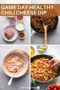 the process to make game day healthy chili cheese dip is shown in four different pictures