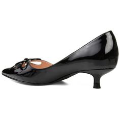 Elevate your style with the Lutana kitten heel in wide-width from Journee Collection, featuring a sophisticated pointed-toe silhouette and chic cutout details adorned with a charming bow accent. The slip-on design ensures easy wear, while the padded footbed enhances comfort for all-day wear. With a stylish 1 1/2-inch kitten heel and crafted from faux leather, the Lutana is a fashionable and comfortable choice for those with wider feet. Unique Heels, Black Pumps Heels, Shoe Last, Kitten Heel Pumps, Pointed Toe Heels, Pretty Shoes, Wide Fit Boots, Journee Collection, Kitten Heel