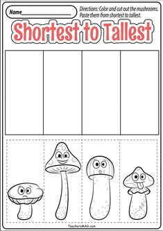 the shortest to tallest worksheet for children with pictures of mushrooms and other things