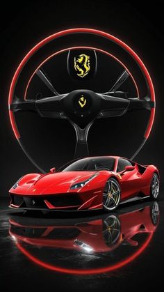 a red sports car in front of a steering wheel with the ferrari logo on it