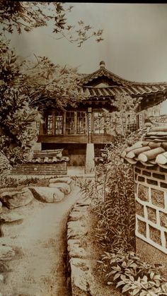 a drawing of a building in the middle of a garden