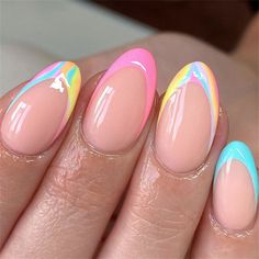 Rainbow Colorful French Fake Nail Short Almond Press on Nails for Nail Art 24pcs Short Almond Shaped Nails, Nagel Tips, Manicure Diy, Nail Type, Almond Shape Nails, Almond Acrylic Nails, Popular Nails, Stick On Nails, Diy Manicure