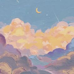 an oil painting of clouds and a moon in the sky with a kite flying overhead