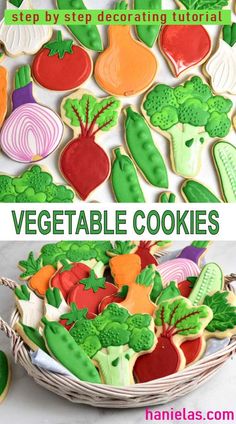 a basket filled with lots of decorated cookies next to some carrots and broccoli