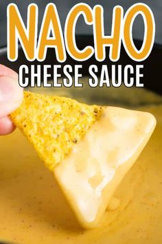 a hand holding up a piece of nacho cheese sauce in a skillet with the title above it