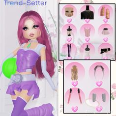 the doll has pink hair and is wearing purple boots with green purses on her shoulder