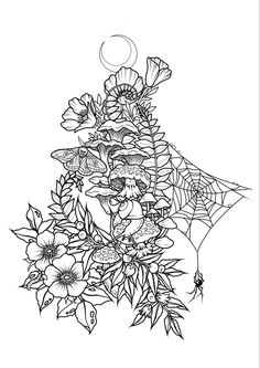 a black and white drawing of flowers with a spider web in the middle, on a white background