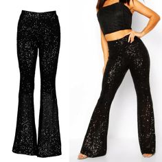 FULLY SEQUINED FABRIC : Shine brighter than ever before and turn heads with bold, sparkly designs with a pair of Studio 54 Fashion Women's Sequined Flare Pants Leggings and shine a light on how good you look! SPANDEX LINING STRETCH : Our Women's Sequin Flare Pants are lined with a comfy, spandex fabric to make the holiday parties comfortable. Outer layer mesh is covered with tiny sequins in orderly vertical stripes. Inside soft stretch lining prevents sequins from rubbing/scratching your legs an Glitter Bottoms For Summer Evening, Summer Evening Glitter Bottoms, Chic Glitter Bottoms For Spring, Evening Flare Bottoms With Sequins, Sequin Flare Pants For Evening, Evening Flare Pants With Sequins, Fall Party Stretch Wide Leg Pants, Disco Style High Waist Party Bottoms, Disco Style Glitter Bottoms For Summer