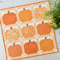 an orange and white quilted placemat with pumpkins on it next to a potted plant