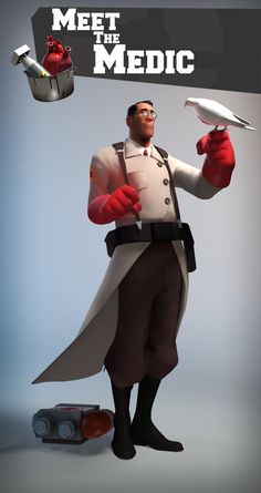 a cartoon character holding a toy airplane and pointing to the side with both hands while standing in front of a sign that says meet the medic