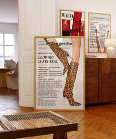 an advertisement for leopard - print boots is displayed in a room with wooden floors and white walls