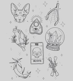 an ink drawing of various items that are in the shape of skulls, cats and other things