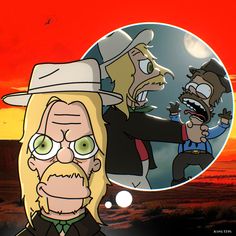 an image of a cartoon character in front of a sunset with the caption'rick and mort on it