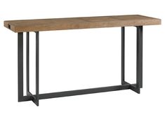 a wooden table with metal legs on a white background