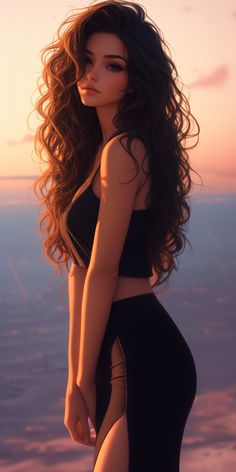 a woman with long hair in a black dress