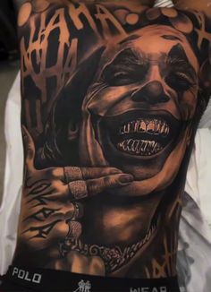 Devil Tattoo Men, Legs Tattoo Men, Full Neck Tattoo For Guys, Unique Hand Tattoos, Evil Clown Tattoos, Full Neck Tattoos, Hand Tattoo Designs, Back Piece Tattoo, Clown Tattoo