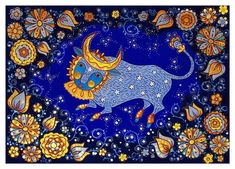 a painting of a bull with sun and moon on it's back, surrounded by flowers