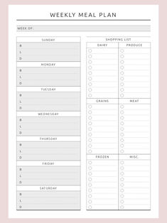 a printable meal planner with the words, weekly meal plan and grocery list on it