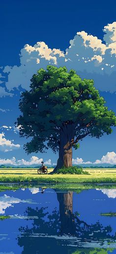 an anime scene with a tree and a man on a bike in the water under a cloudy blue sky