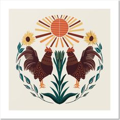 two roosters standing next to each other in front of a sun and leaves design