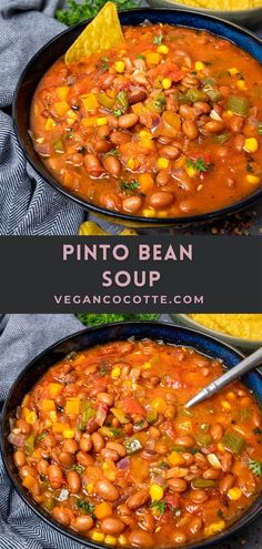 two bowls filled with pinto bean soup and tortilla chips