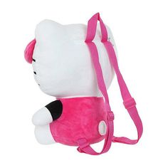 a white hello kitty stuffed animal with a pink strap around it's neck and shoulder