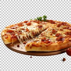 a pizza with cheese and tomato slices on a wooden platter next to a piece of cherry tomatoes